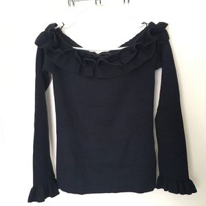 Off shoulder ruffle knit top in midnight blue